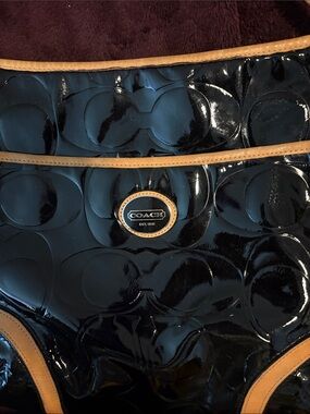 Coach Black Gloss Patent Shoulder Bag with Tan Trim